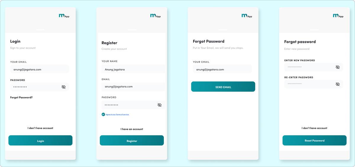 Login, Register, and Forgot Password screens