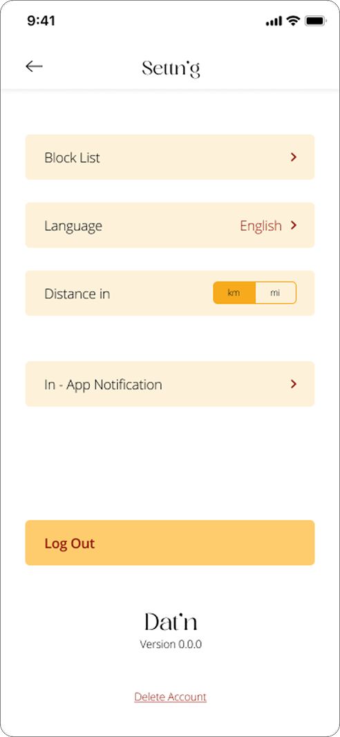 Settings screen