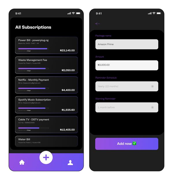 All subscriptions and add new subscription screens