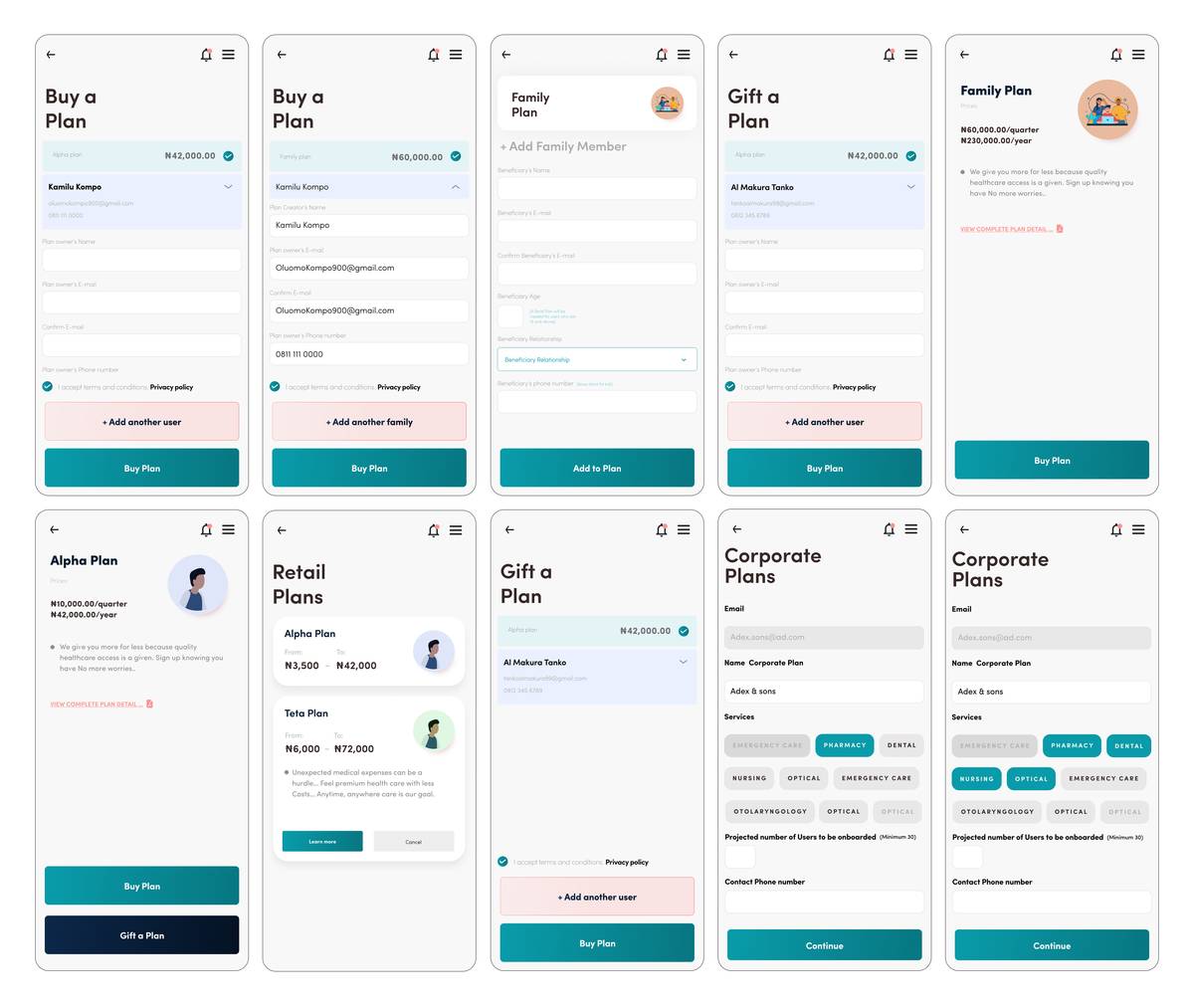 Plan browsing and purchase flow screens