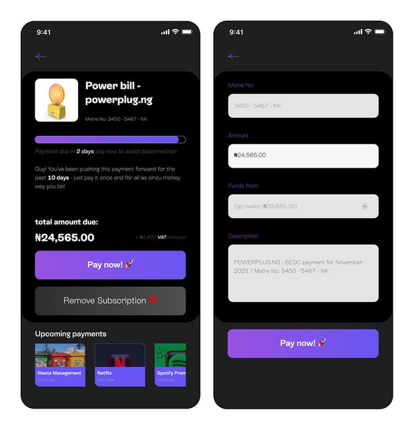 Payment detail and pay now screens