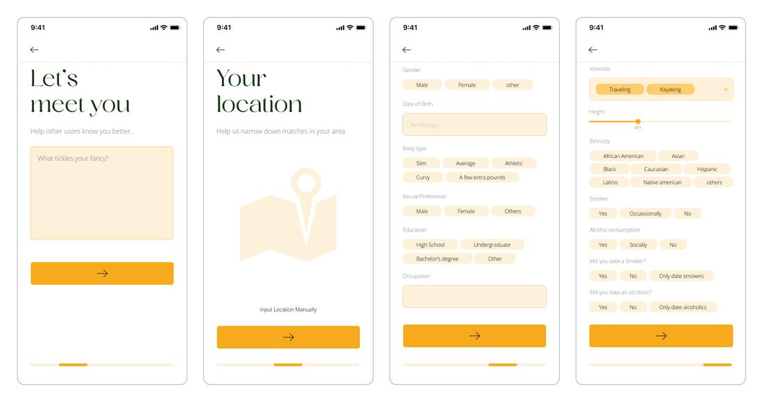 Login, registration, and profile detail screens