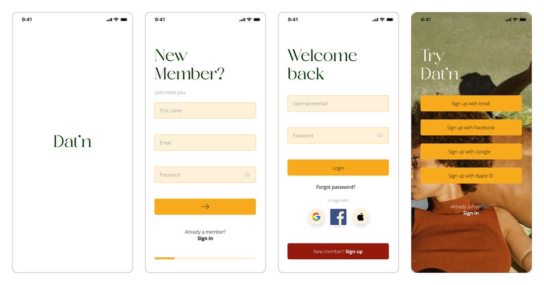 Splash screen and sign-up mockups